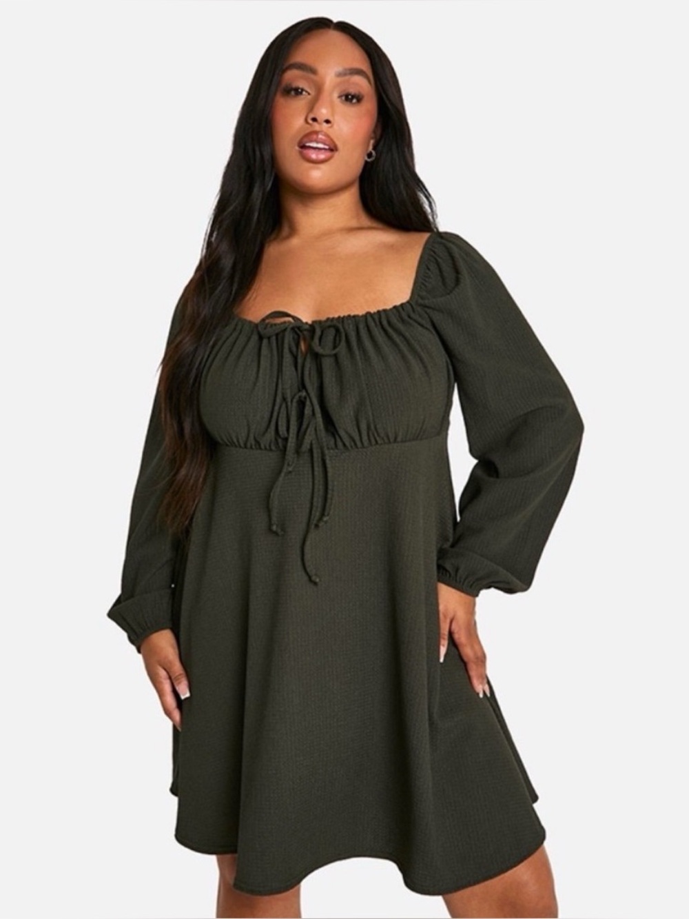 NWOT Boohoo Plus Size Olive Long Sleeve Tie-Front Mini Dress